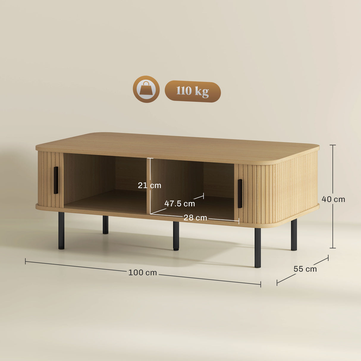 easycomfort easycomfort tavolino da caffe con 2 ripiani portaoggetti e ante scorrevoli in legno e acciaio 100x55x40 cm nero e rovere