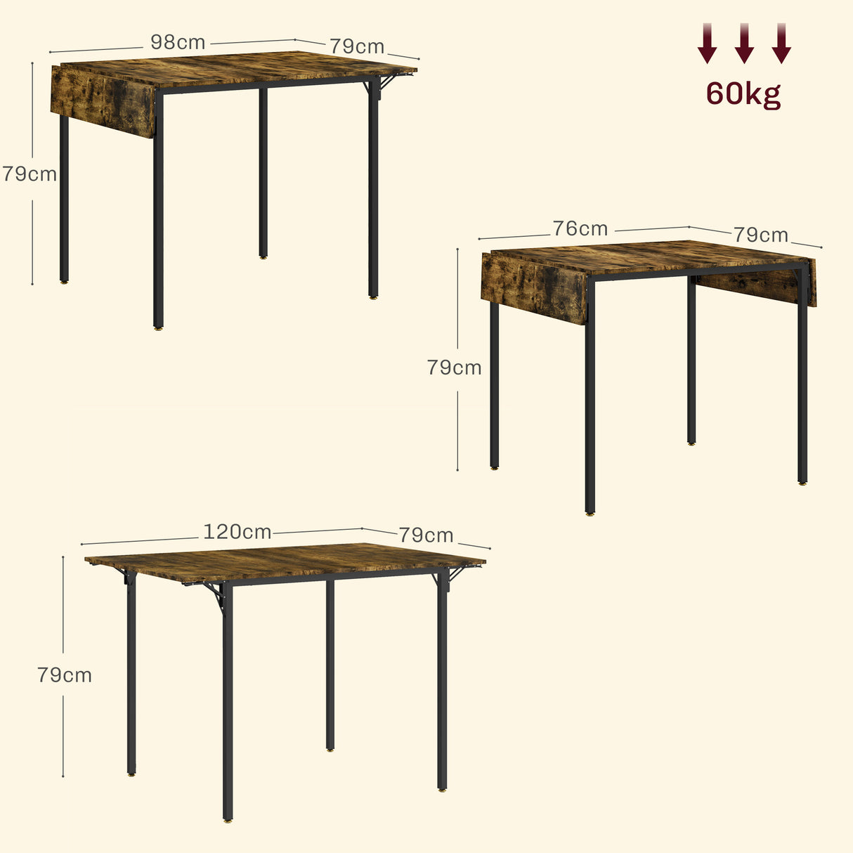 easycomfort easycomfort tavolo da pranzo a ribalta stile industriale per 2 4 persone in legno e metallo 120x79x79 cm marrone rustico