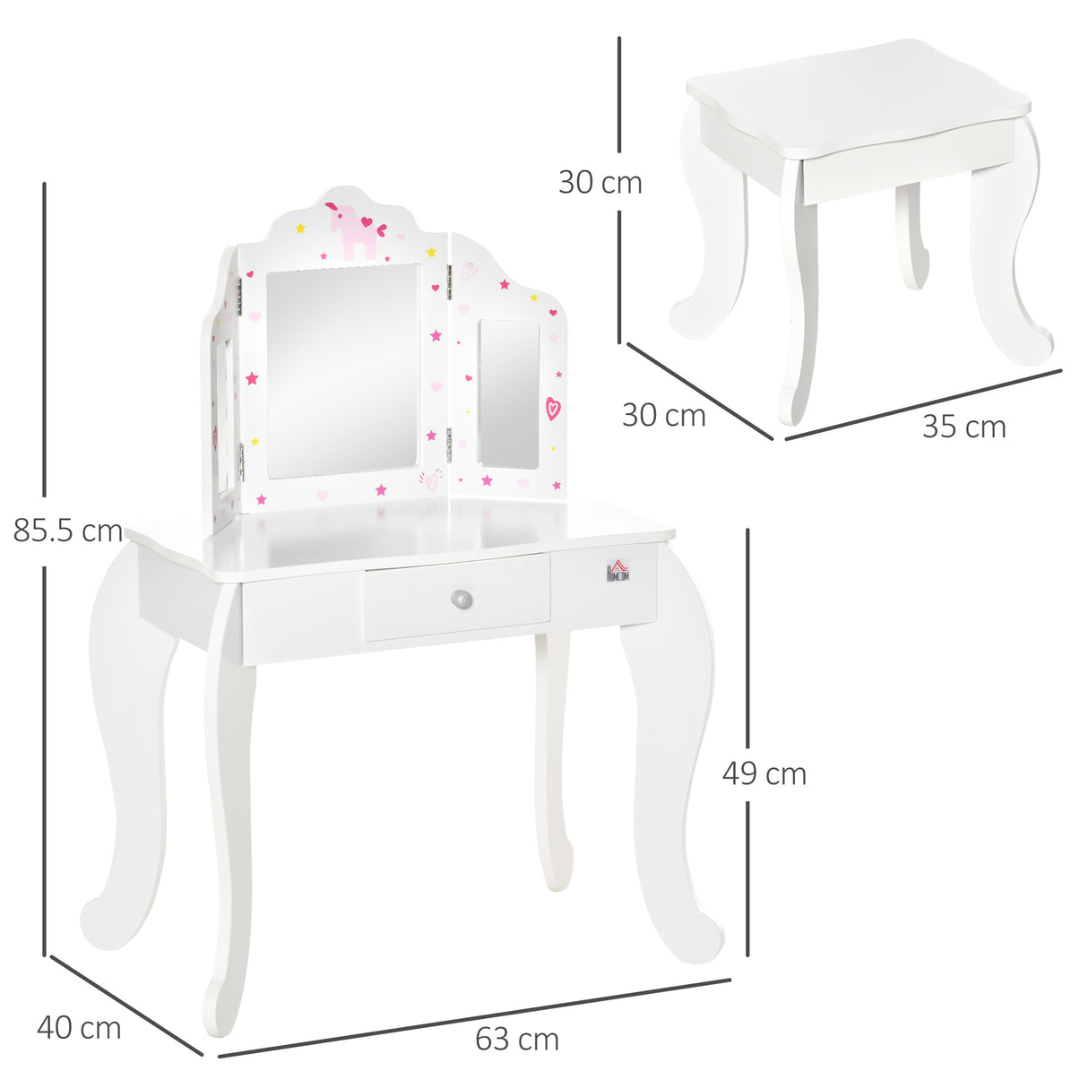 easycomfort easycomfort toeletta per bambini con sgabello tavolo trucco con triplo specchio e cassetto 63x40x85 5cm bianco