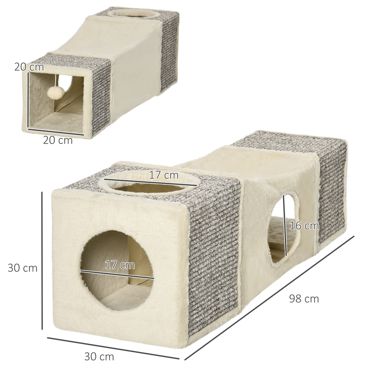 easycomfort easycomfort tunnel per gatti pieghevole con casette tiragraffi e pallina in peluche e sisal crema