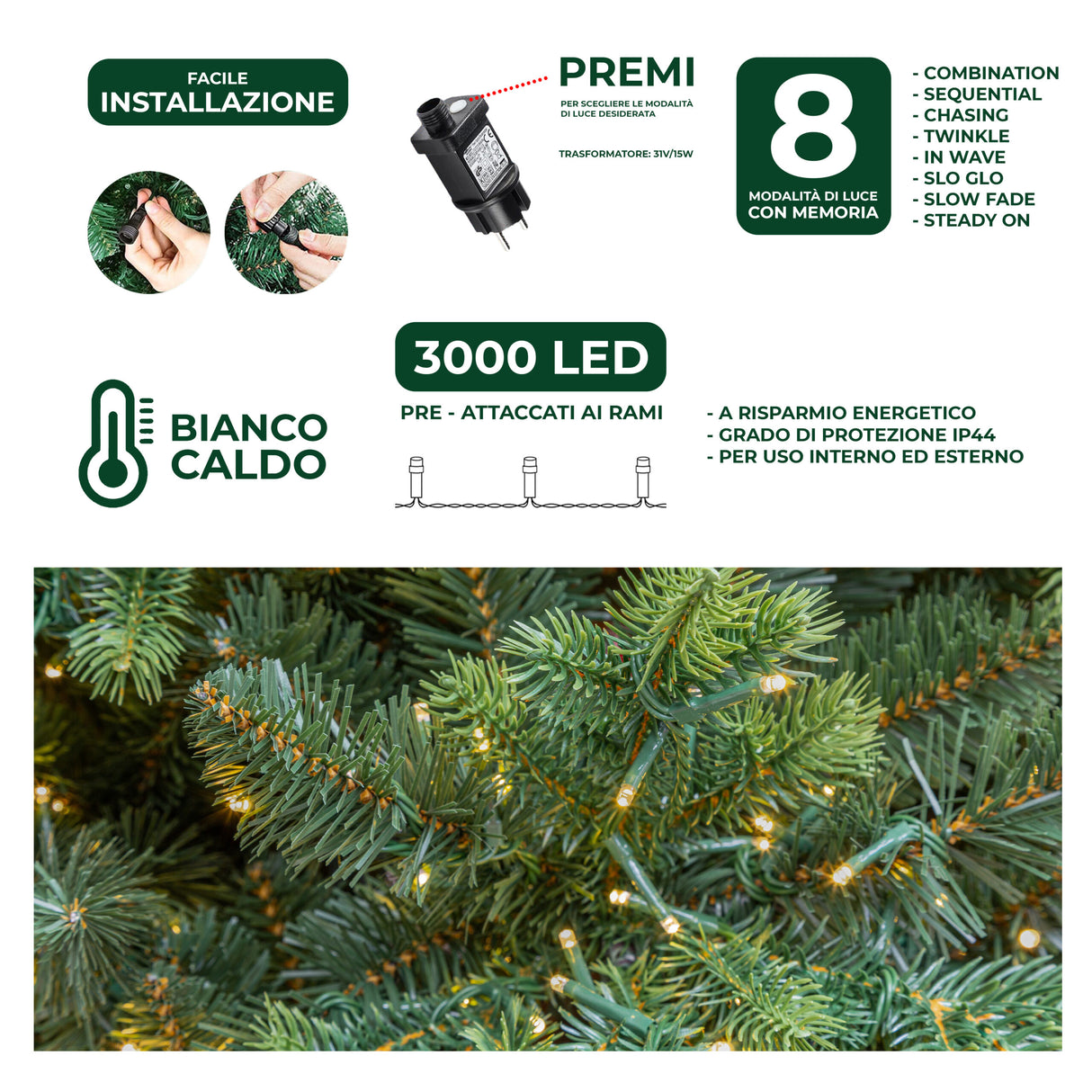 le stelle albero di natale artificiale verde h 210cm x l 135cm super folto con 3000 luci led incorporate e base a croce in metallo