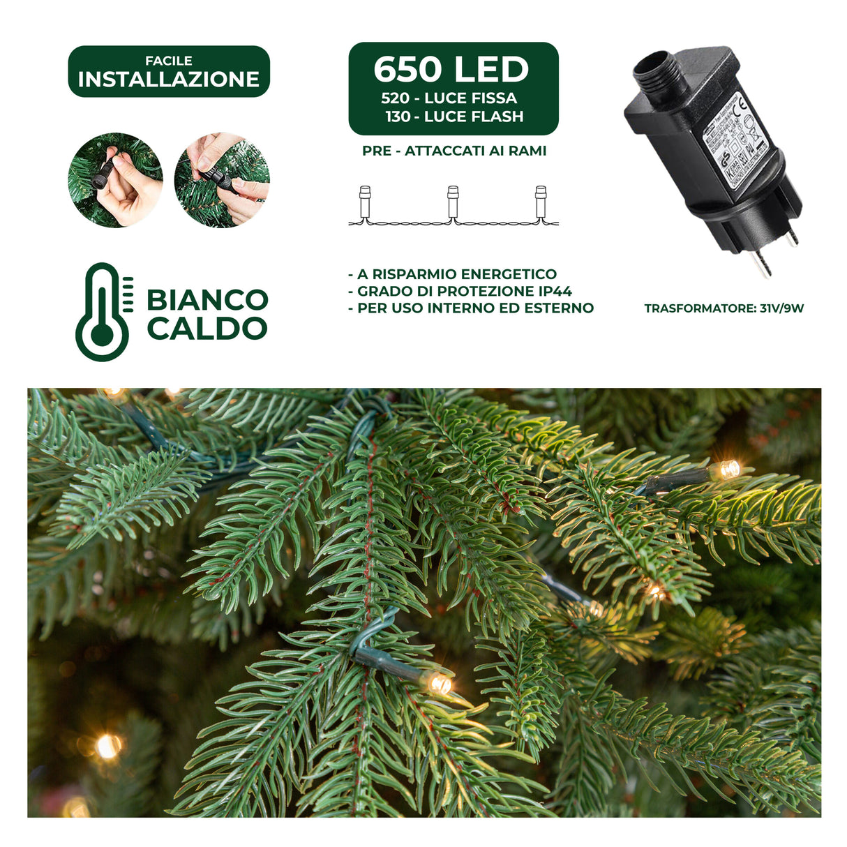 le stelle albero di natale artificiale verde h 240cm x l 160cm super folto con 650 luci led 20 luci flash incorporate e base a croce in metallo