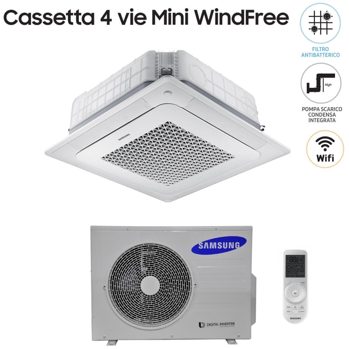 climatizzatore condizionatore samsung mini cassetta 4 vie windfree 18000 btu ac052nnndkh con wi fi integrato e pannello incluso