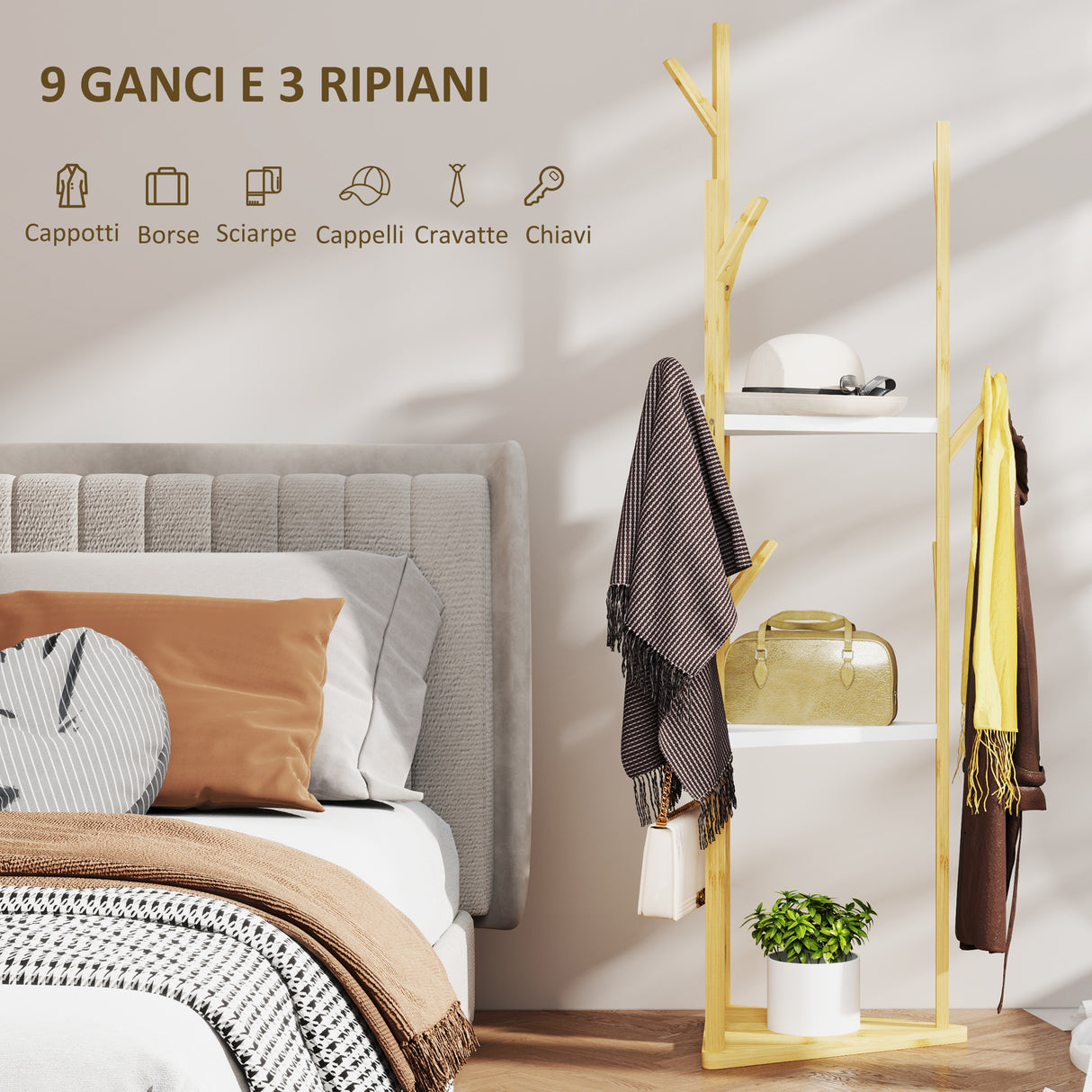 easycomfort easycomfort albero appendiabiti da terra in bambu con 9 ganci e 3 ripiani legno naturale e bianco