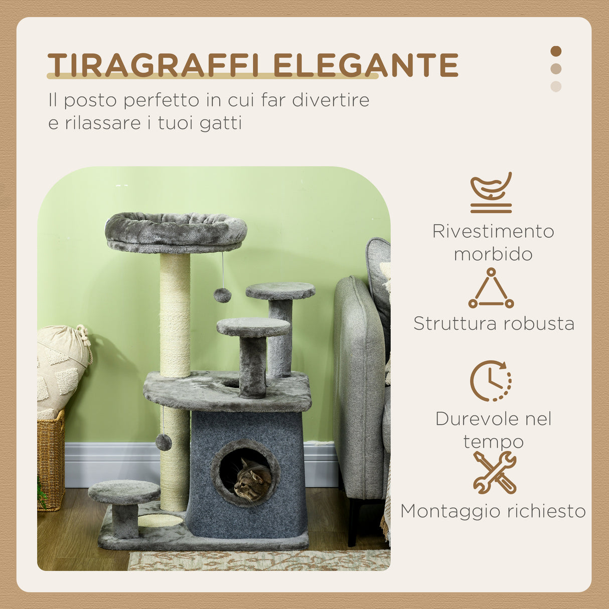 easycomfort easycomfort albero tiragraffi per gatti con lettino e casetta in peluche pali in sisal 60x48x92 cm grigio