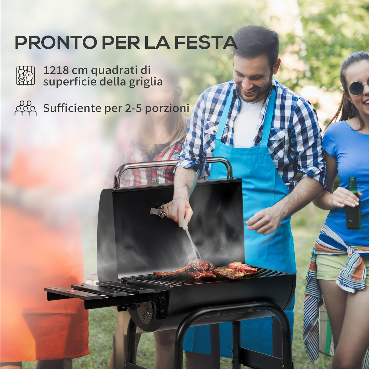 easycomfort easycomfort barbecue a carbone con coperchio termometro e camino ripiani e ruote nero