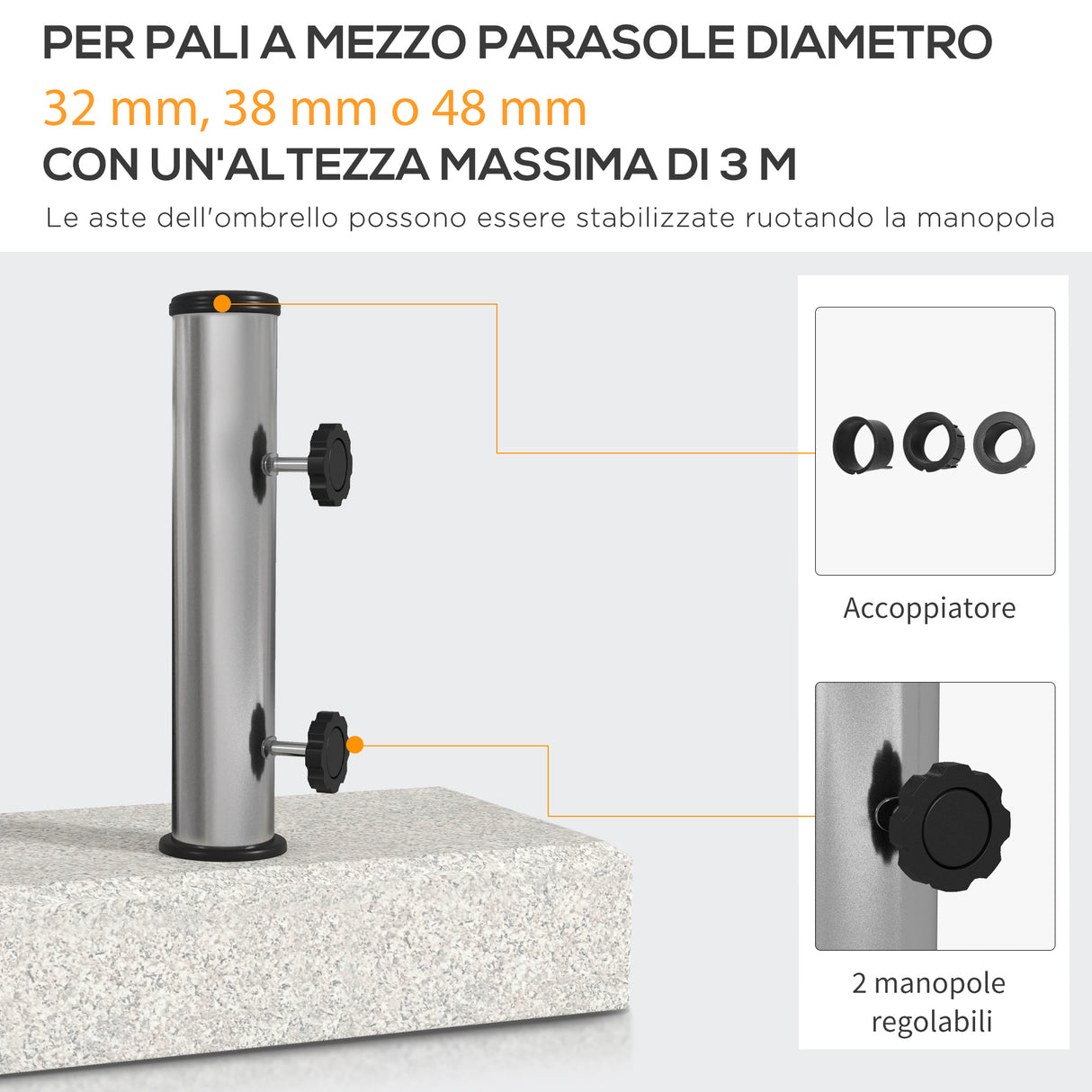easycomfort easycomfort base per ombrellone da giardino 25kg per pali da 32mm 38mm e 48mm in granito e acciaio inox 45x22 5x40 cm grigia