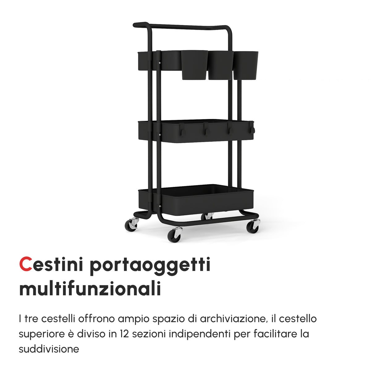 easycomfort easycomfort carrello cucina multiuso a 3 livelli con cestini e ganci rimovibili ripiano con 12 divisori nero