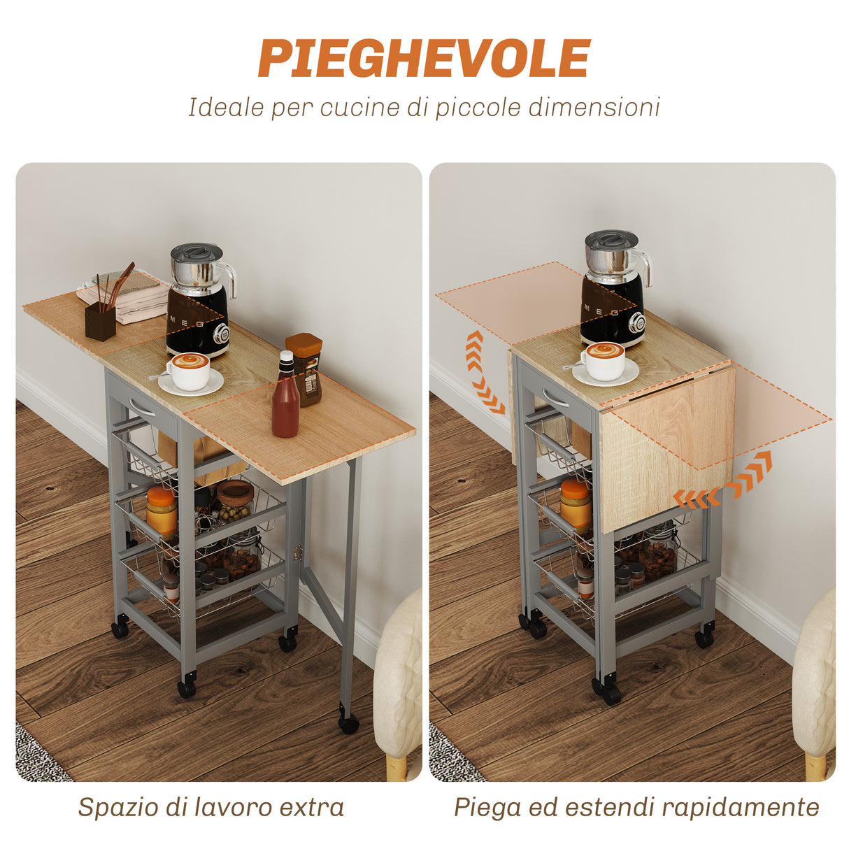 easycomfort easycomfort carrello da cucina con 3 cestini cassetto e 2 ribalte in legno e metallo 37x37x77 5 cm grigio e rovere