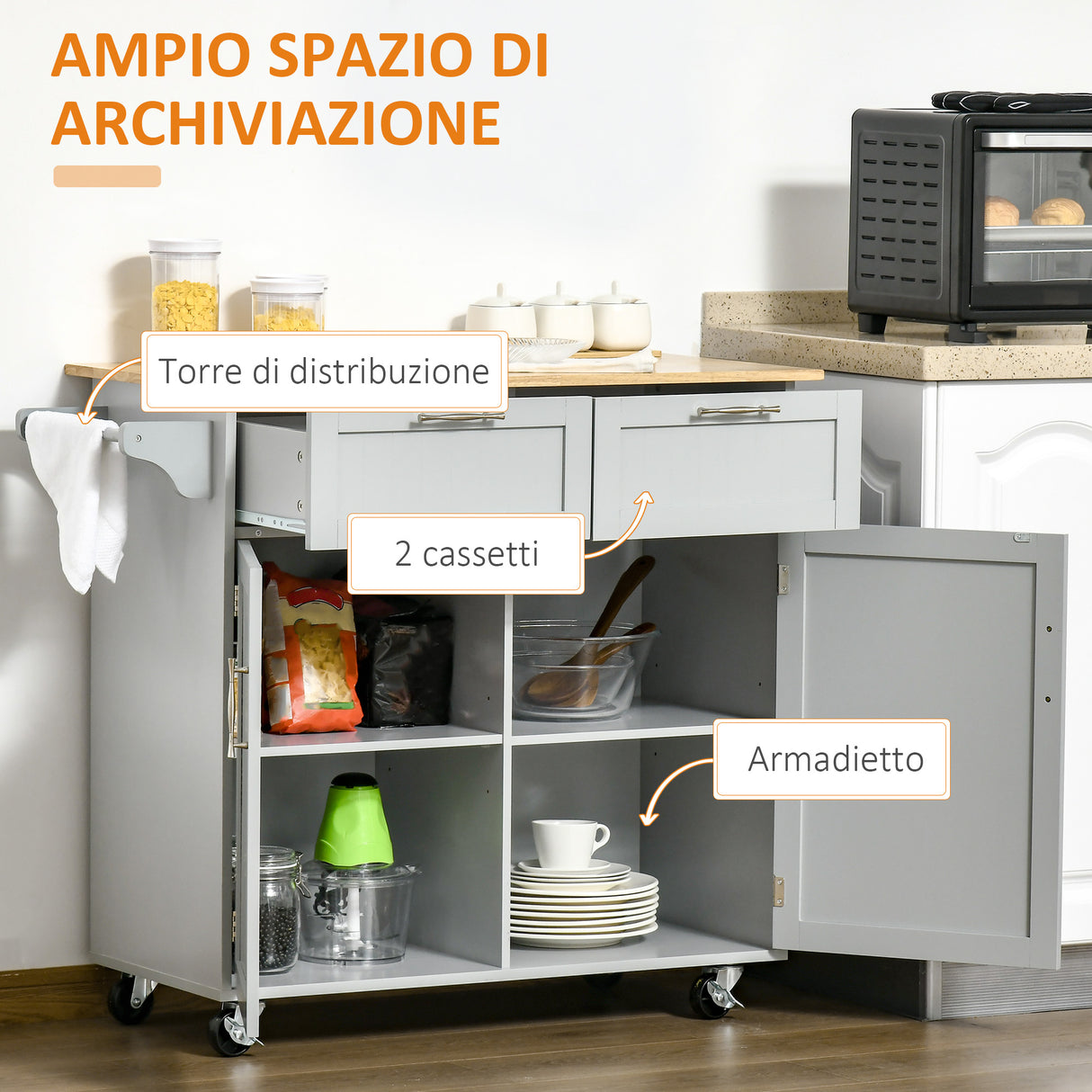 easycomfort easycomfort carrello da cucina multiuso in legno con 2 cassetti armadietto e 4 ruote 104x46x91cm grigio