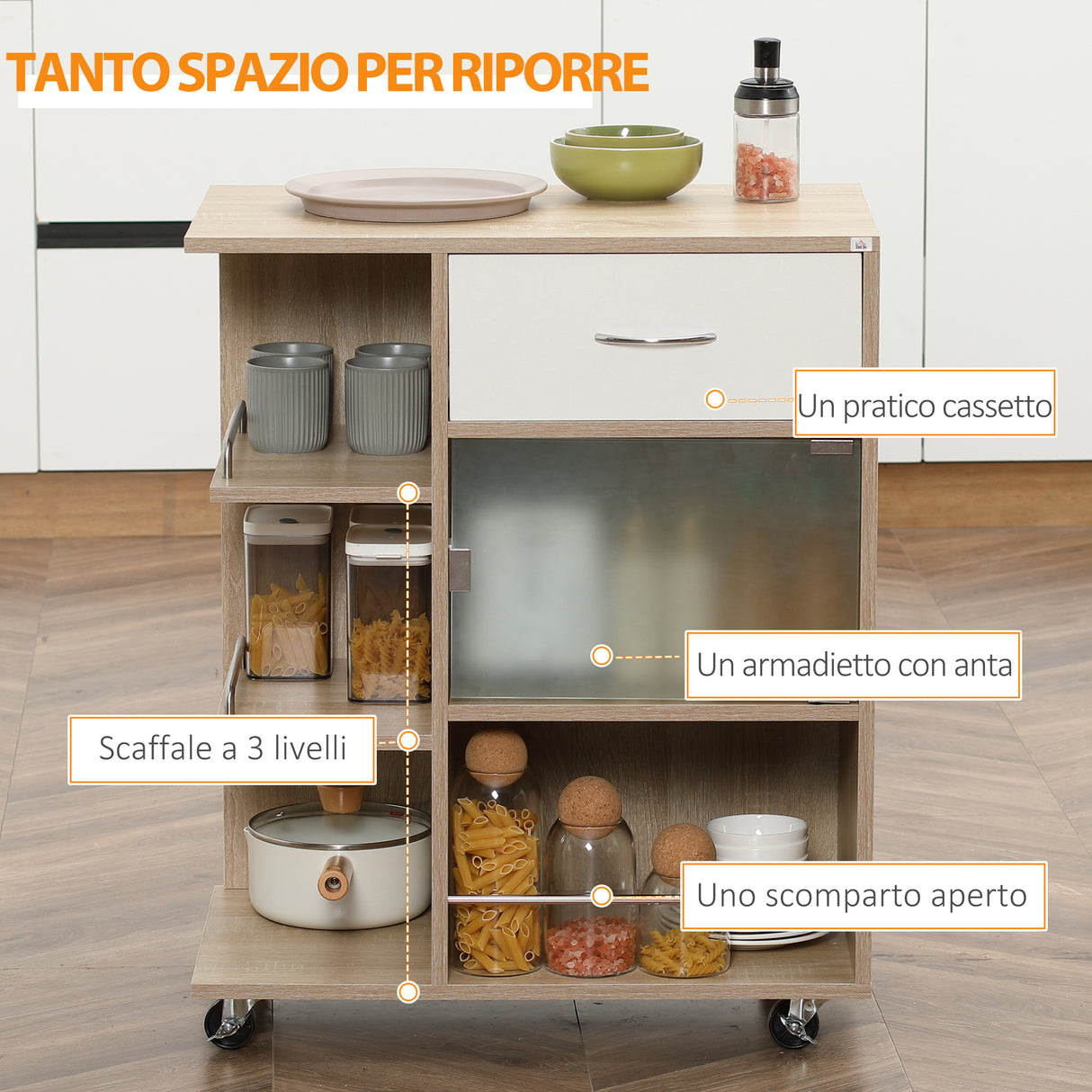 easycomfort easycomfort carrello da cucina portavivande con cassetto ripiani e armadietto in legno acciaio e vetro 65x39x80cm