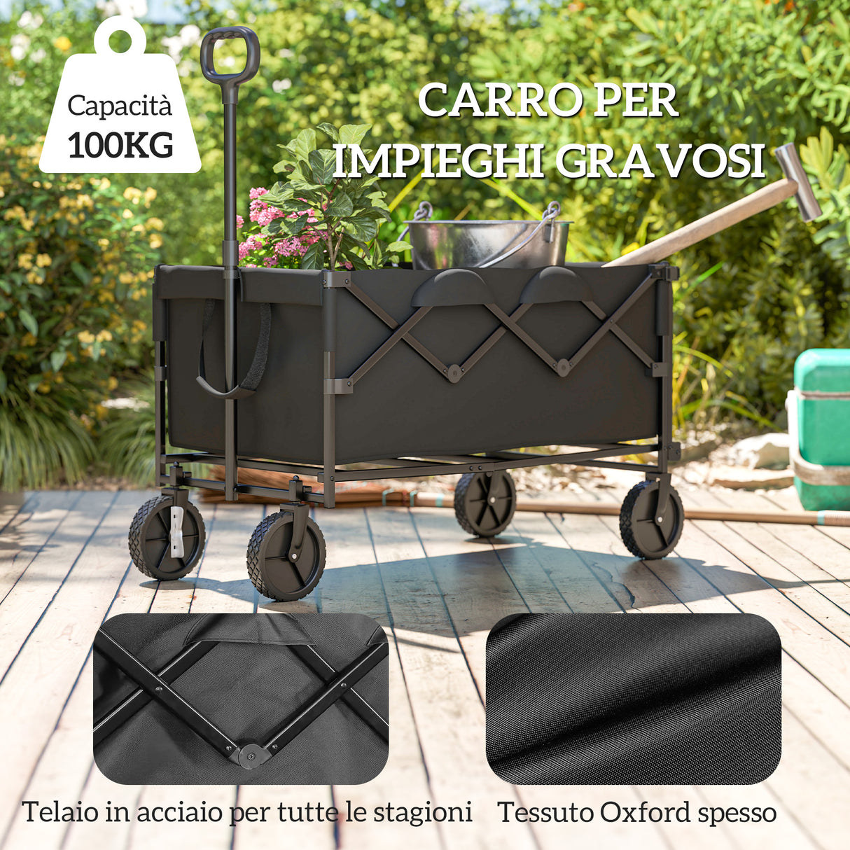 easycomfort easycomfort carrello da giardino 160l pieghevole con manico regolabile capacita 100 kg 95x55x102 cm nero