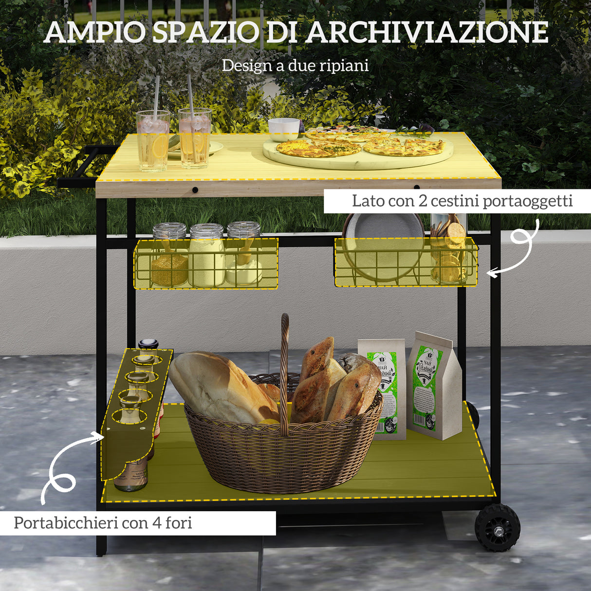 easycomfort easycomfort carrello da giardino a 2 ripiani 2 cesti e 4 spazi portabottiglie in legno di abete 97 5x65x81 cm