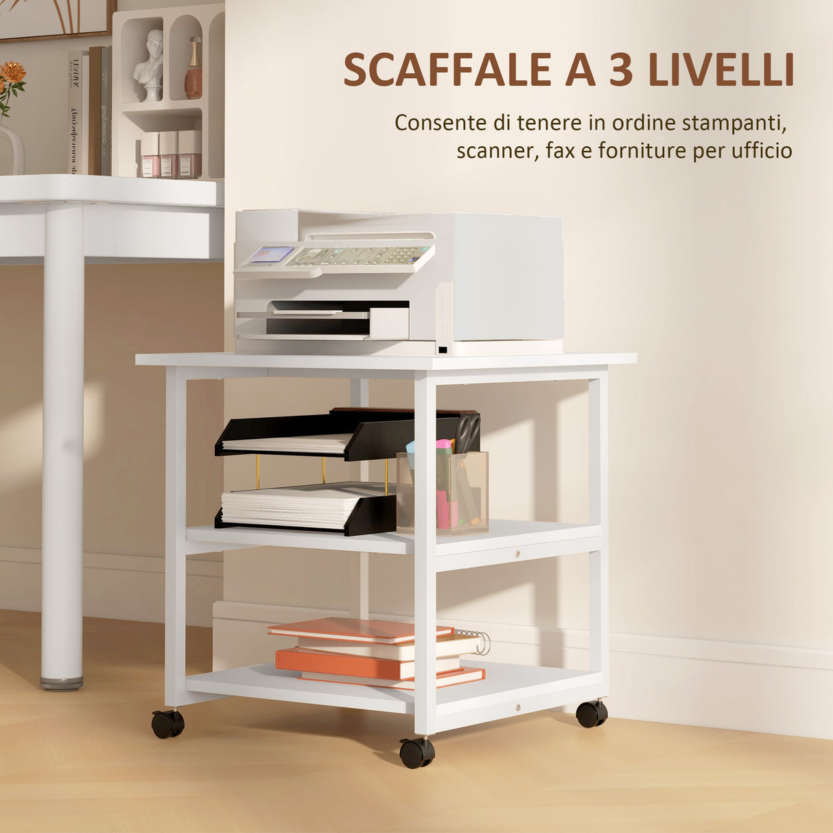 easycomfort easycomfort carrello porta stampante a 3 ripiani con 4 ruote legno e acciaio 50x50x52 5cm bianco