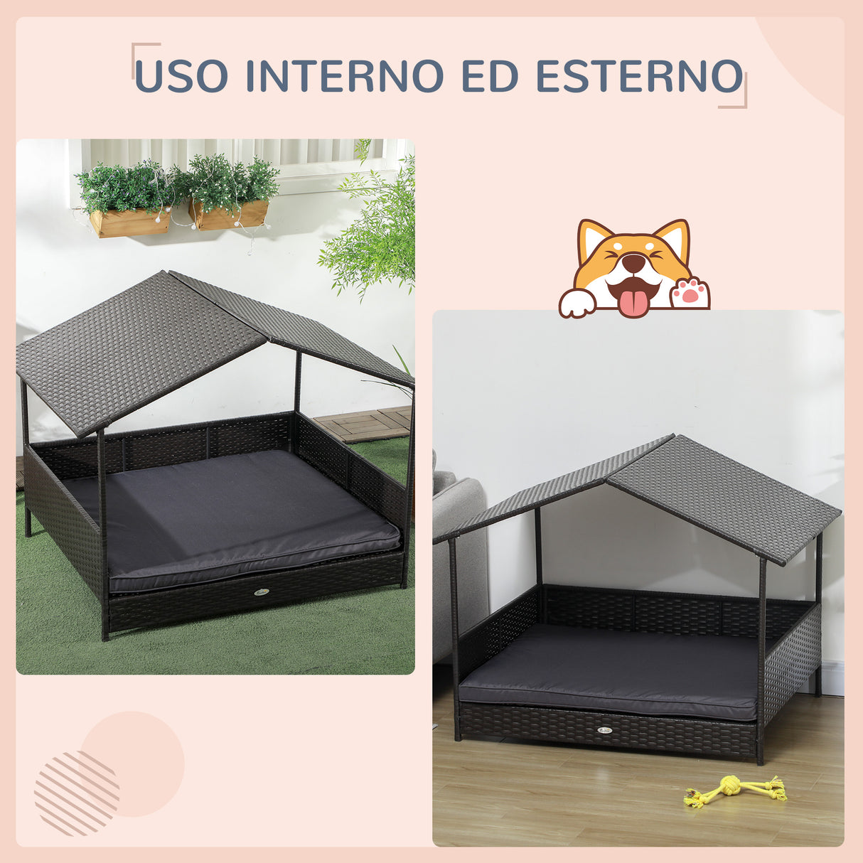 easycomfort easycomfort casetta per cani rialzata con cuscino sfoderabile in rattan pe e acciaio 117x85x89 cm grigio e marrone