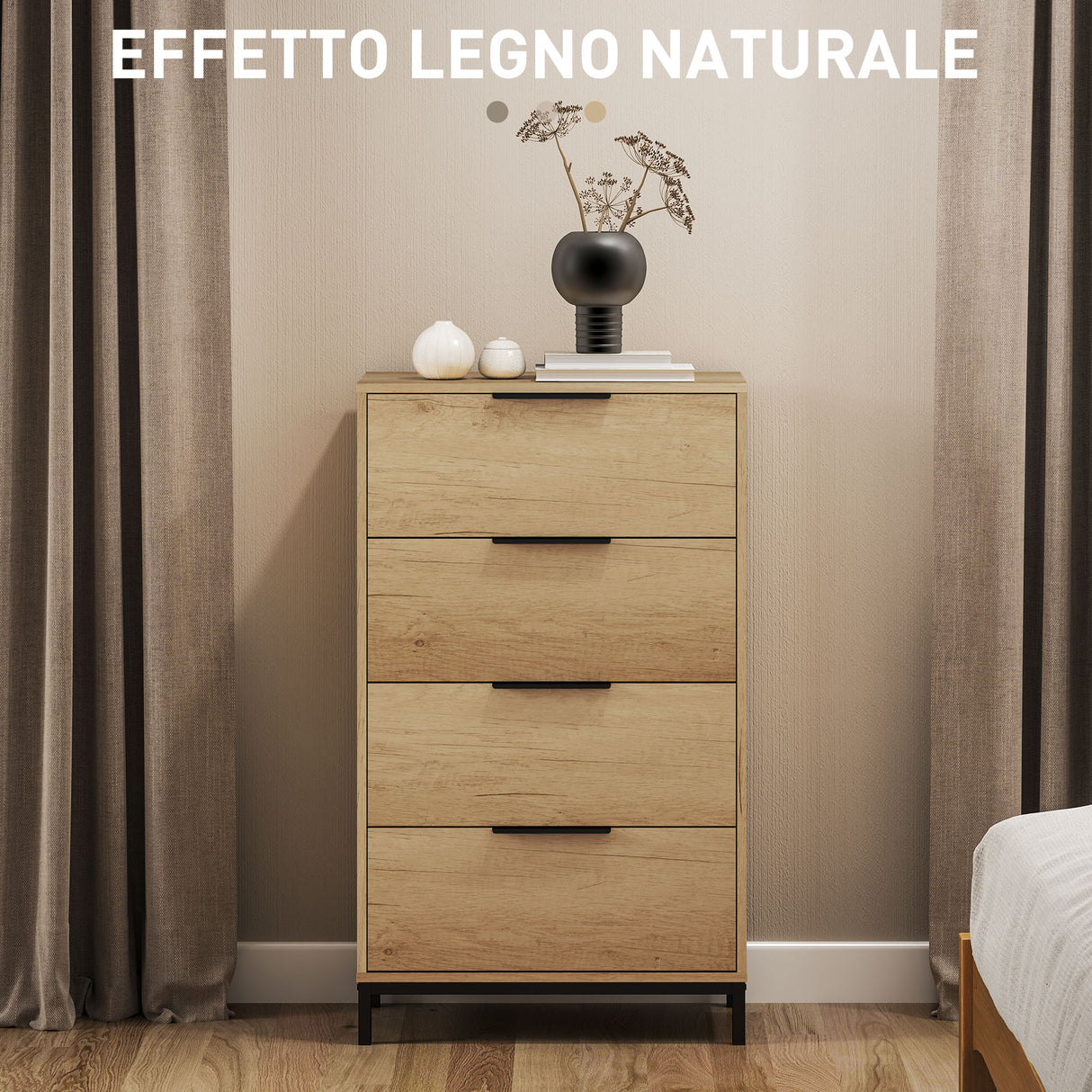 easycomfort easycomfort cassettiera 4 cassetti antiribaltamento con maniglie nere in legno e metallo 62x35x105 cm marrone chiaro