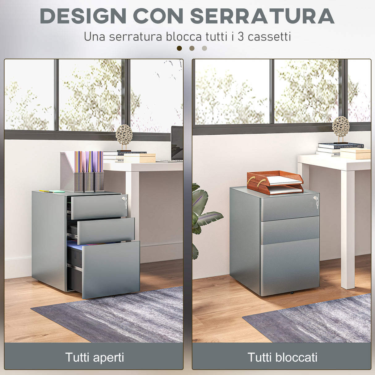 easycomfort easycomfort cassettiera da ufficio 3 cassetti in acciaio con serratura e rotelle 39x48x59cm grigio