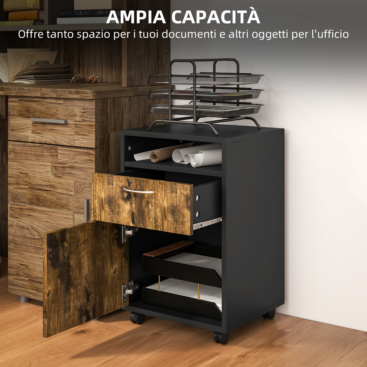 easycomfort easycomfort cassettiera portadocumenti con cassetto e ripiano 4 ruote 40x35x60cm marrone e nero