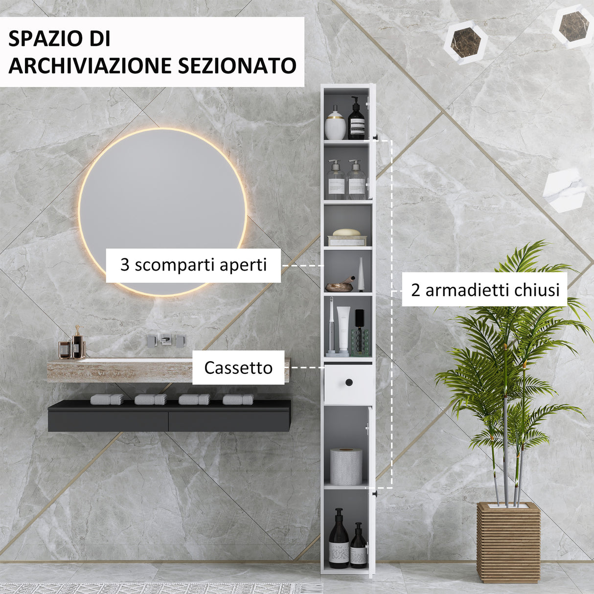 easycomfort easycomfort colonna bagno salvaspazio con 2 armadietti 3 ripiani aperti e cassetto in legno 20x20x178 cm bianco
