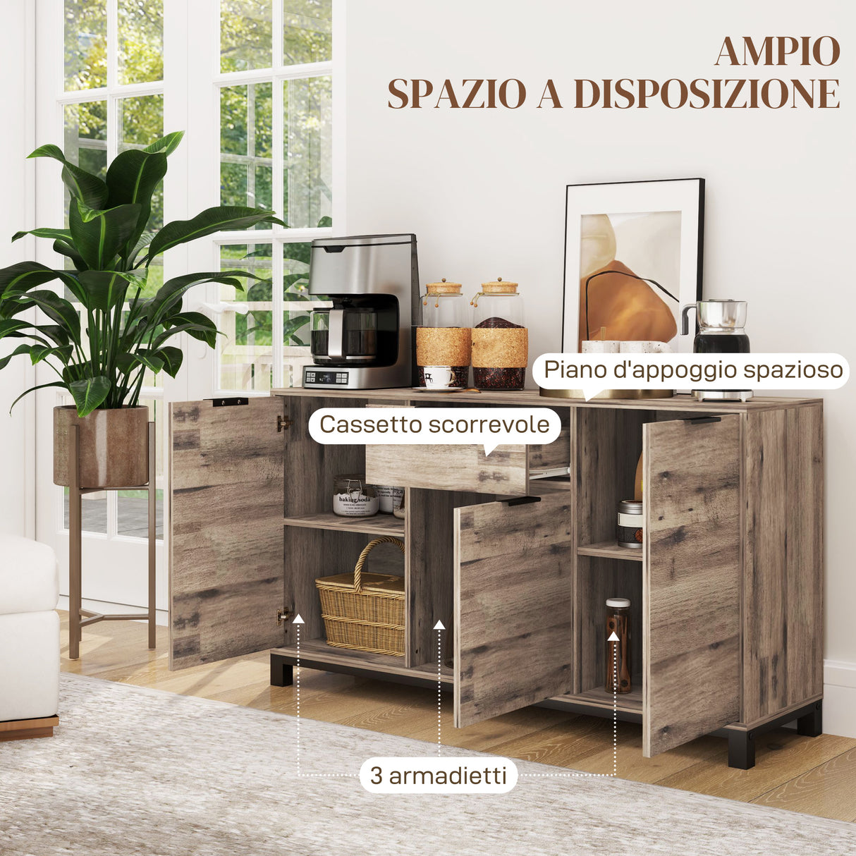 easycomfort easycomfort credenza buffet in stile industriale con cassetto e 3 armadietti in legno marrone 120x36 5x70 cm