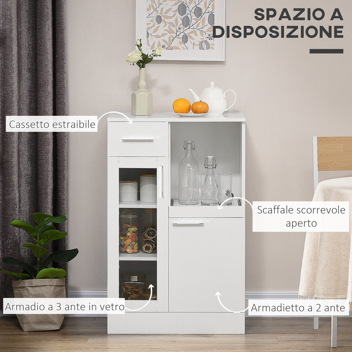 easycomfort easycomfort credenza moderna con armadietti e cassetto in legno e vetro 60x40x95cm bianco