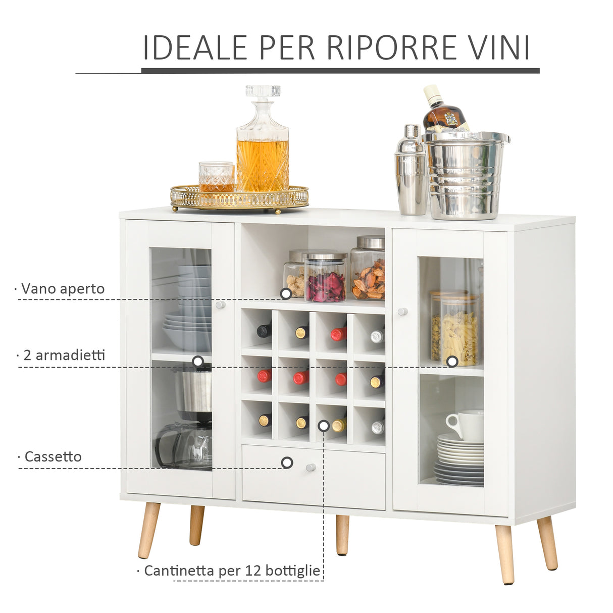 easycomfort easycomfort credenza moderna da cucina con cantinetta vini 12 bottiglie cassetto e armadietti in legno 100x33x80cm bianco
