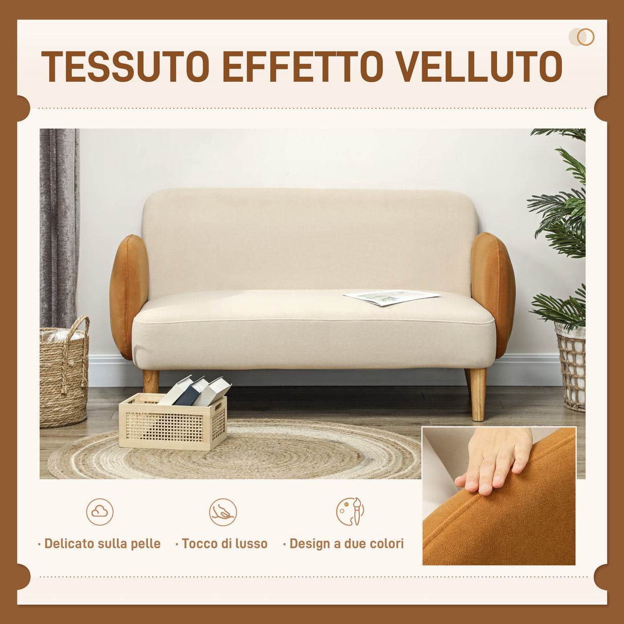 easycomfort easycomfort divano 2 posti stile nordico in tessuto effetto velluto e legno 138x73x74 cm crema e arancione