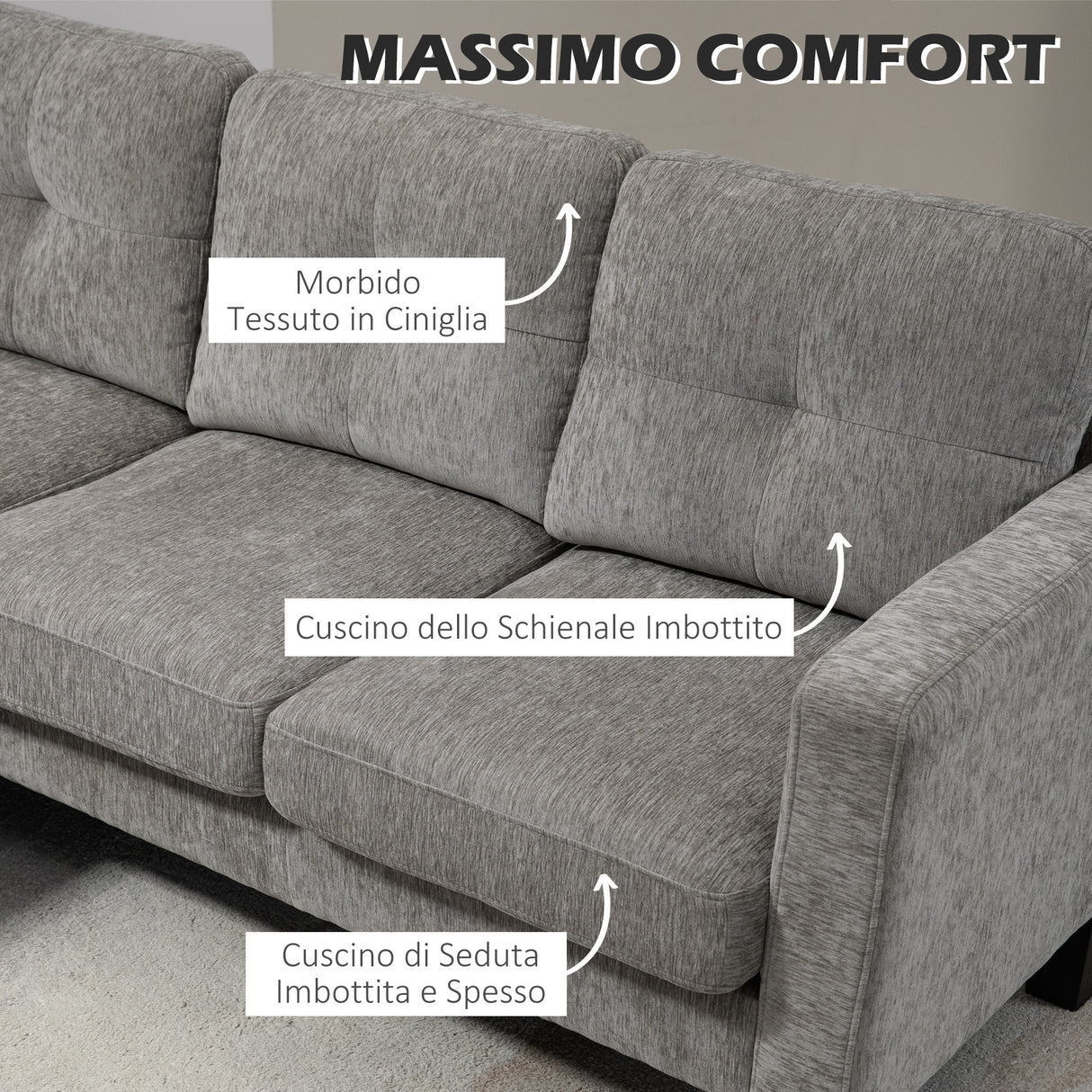 easycomfort easycomfort divano angolare 3 posti con cuscino per seduta e schienale in tessuto effetto ciniglia 186x130x84 cm tortora
