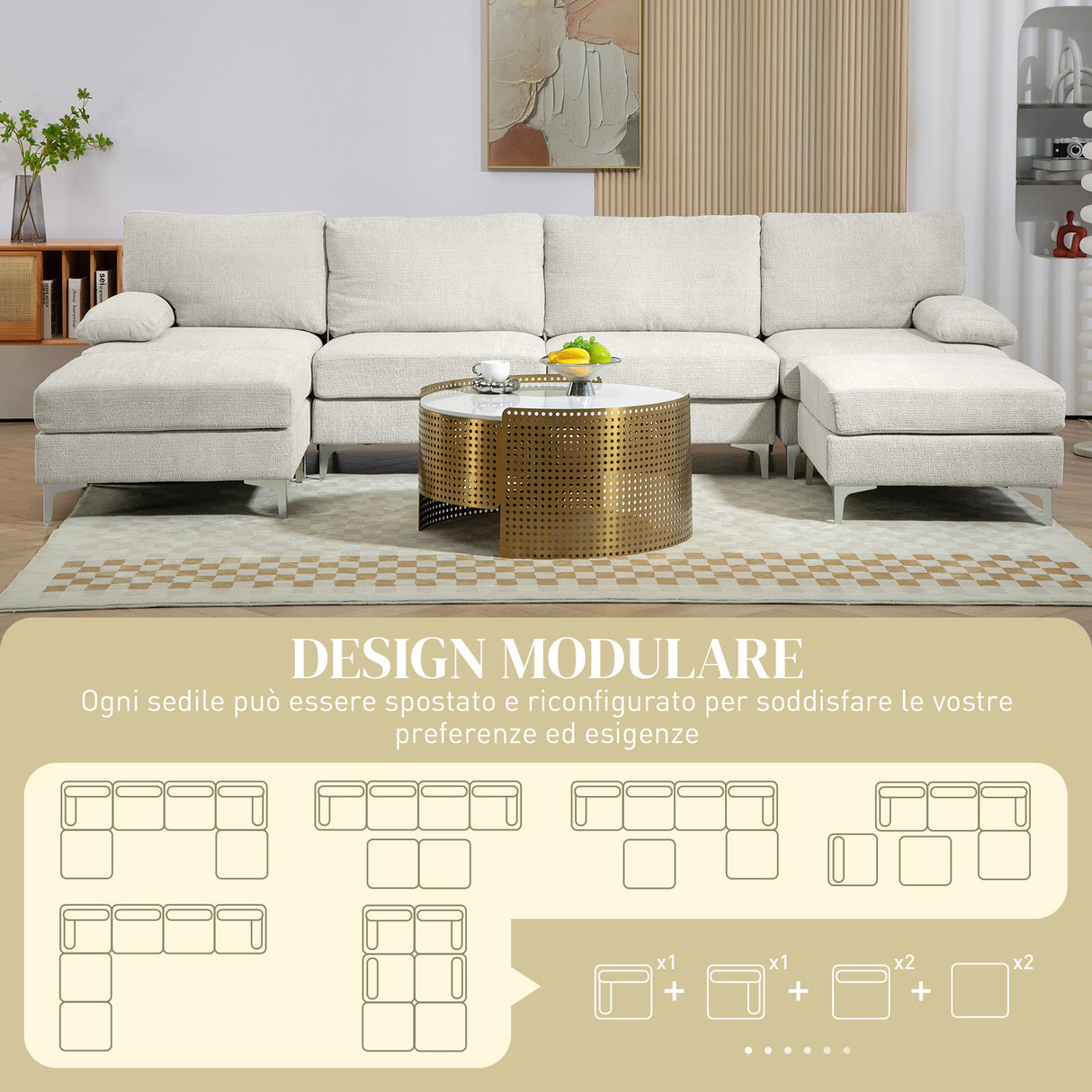 easycomfort easycomfort divano componibile 4 pezzi con poggiapiedi e cuscini in tessuto effetto ciniglia 313x149x88 cm bianco crema