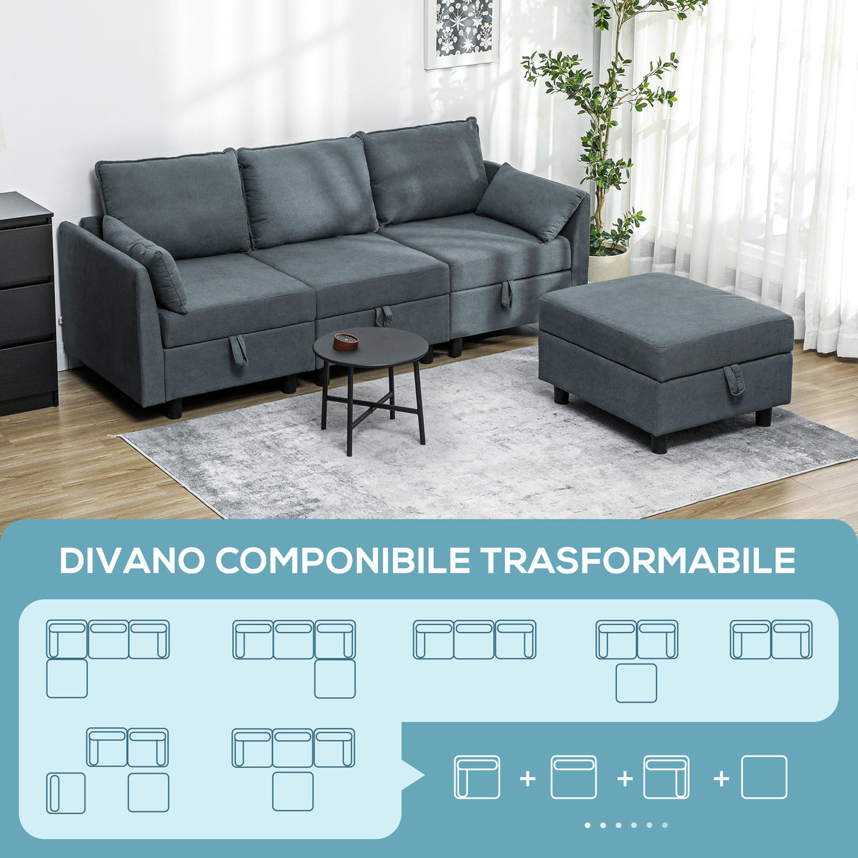 easycomfort easycomfort divano componibile modulare 3 posti con pouf poggiapiedi e cuscini rivestimento in flanella grigio scuro
