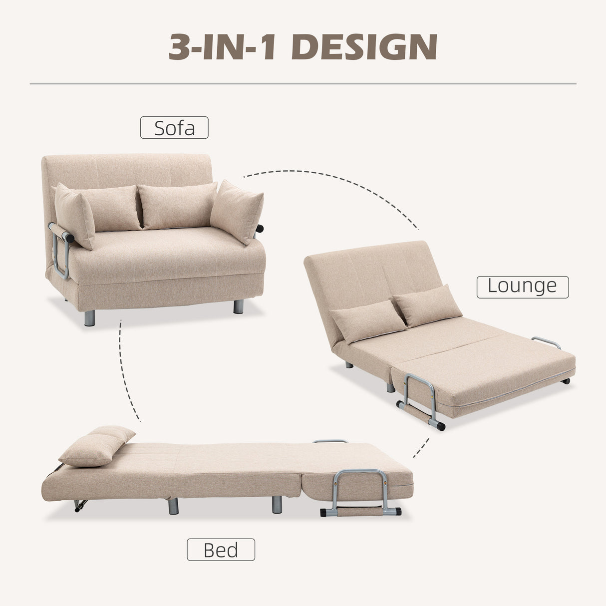 easycomfort easycomfort divano letto 2 posti 3 in 1 convertibile in poltrona reclinabile e 4 cuscini 102x82x81 cm beige ean 8055776914848