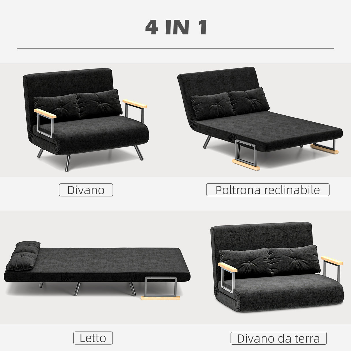 easycomfort easycomfort divano letto 3 in 1 in tessuto effetto velluto con schienale regolabile e 2 cuscini 102x73x81 cm nero