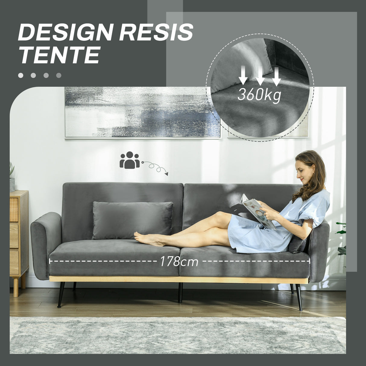 easycomfort easycomfort divano letto 3 posti con design clic clac e 2 cuscini in tessuto effetto velluto 206x81x83 cm grigio