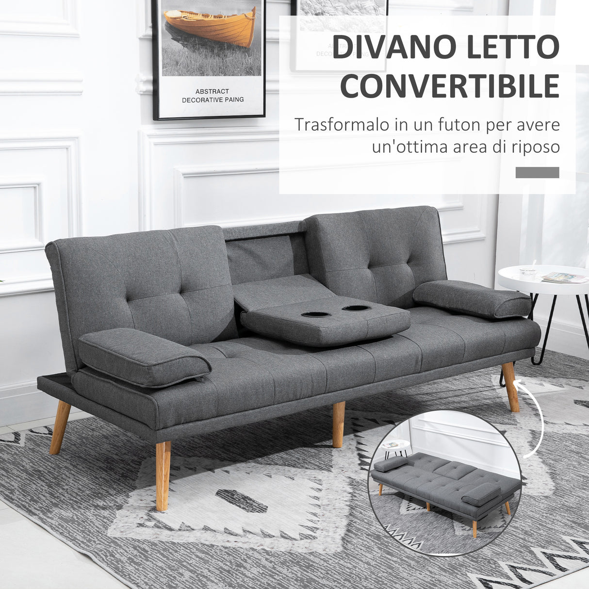 easycomfort easycomfort divano letto 3 posti reclinabile con 2 braccioli staccabili in tessuto effetto lino e legno di pioppo 181x77x78 cm