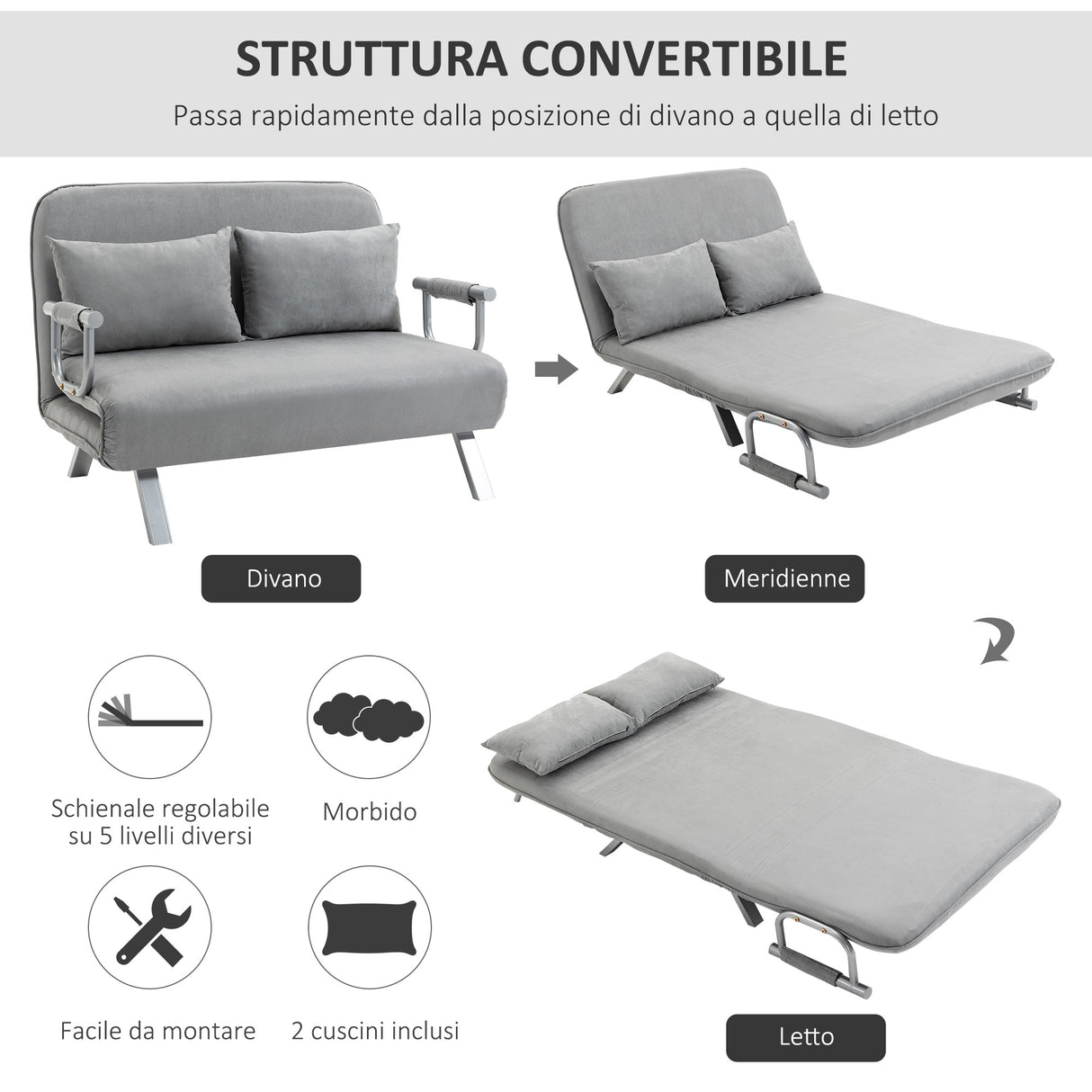 easycomfort easycomfort divano letto singolo in finta pelle con seduta regolabile in 5 posizioni 105x80x78 cm grigio chiaro