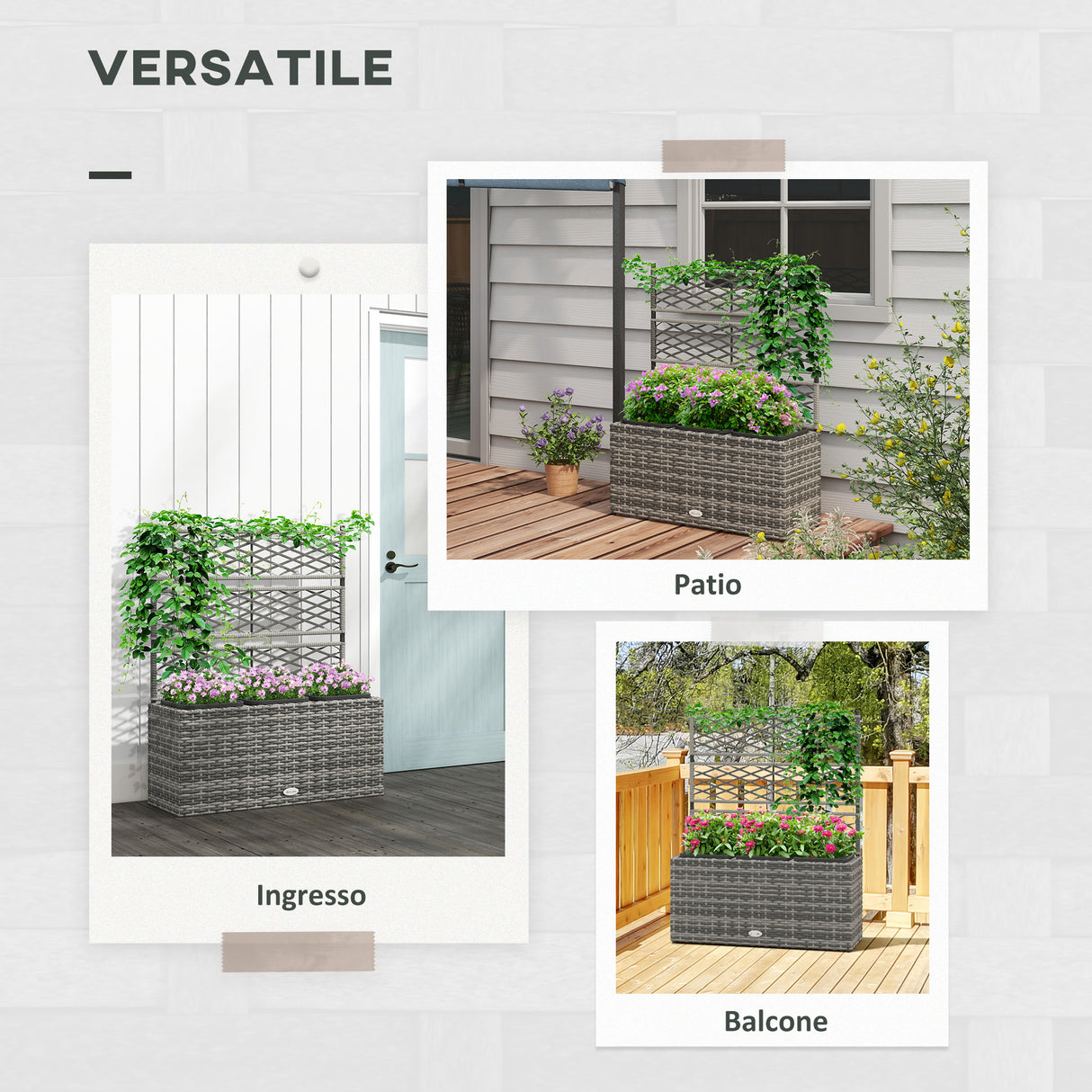 easycomfort easycomfort fioriera con grigliato per rampicanti con 3 vasi in acciaio e rattan pe 84x30x107cm grigio