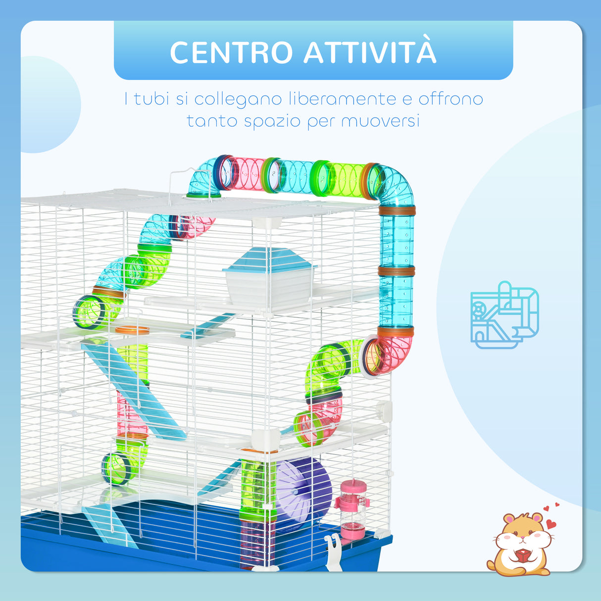easycomfort easycomfort gabbia criceti a 5 livelli con tubi casetta serbatoio e ruota in acciaio pp e ps 59x36x69 cm blu e bianca