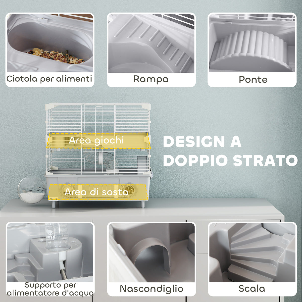 easycomfort easycomfort gabbia per criceti a 2 livelli e 3 porte con ruota e tubi in acciaio ps e pp 44 5x28x44 cm grigio e bianco
