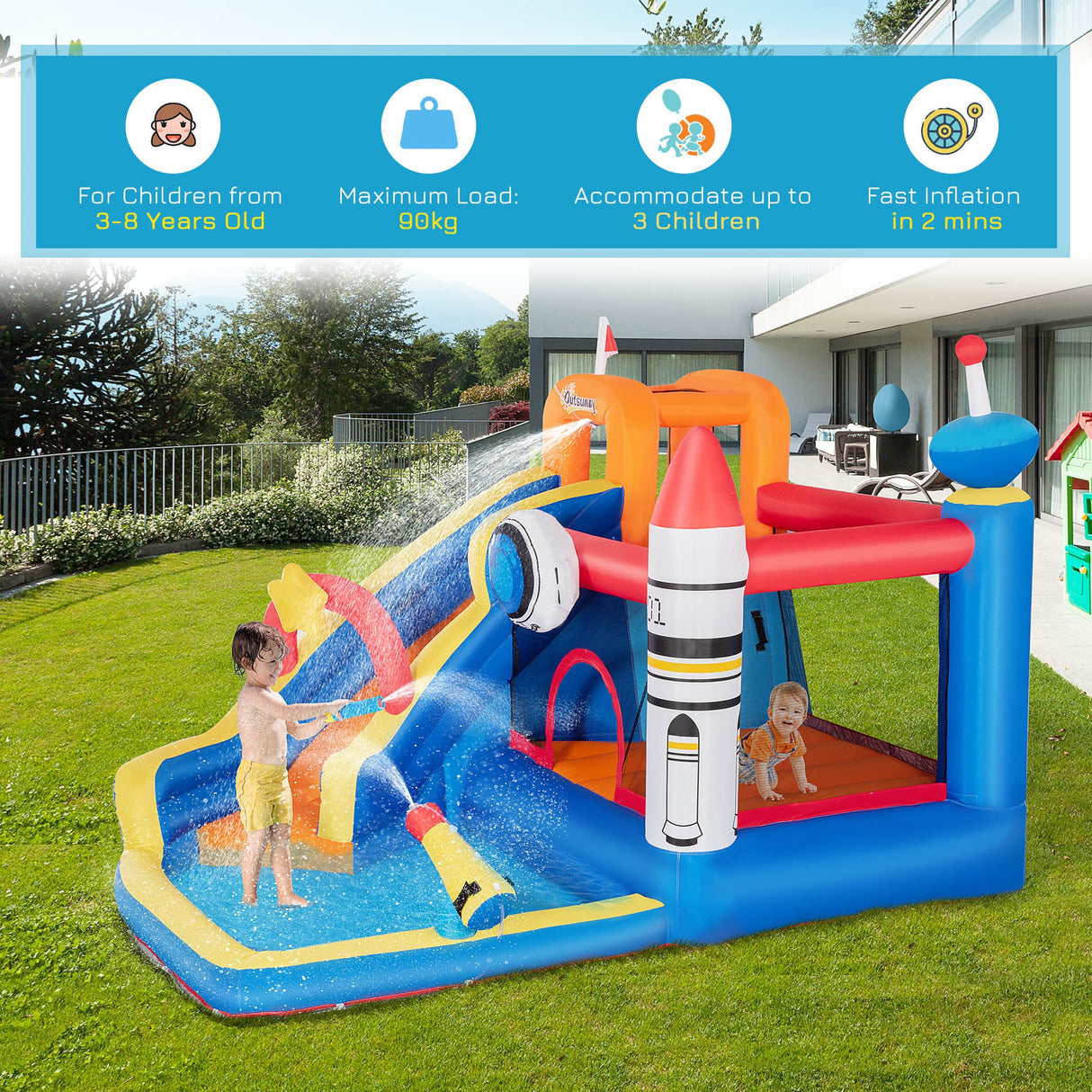 easycomfort easycomfort gioco gonfiabile per bambini 3 8 anni a tema spazio con borsa 11 paletti e toppe inclusi 340x270x227 cm