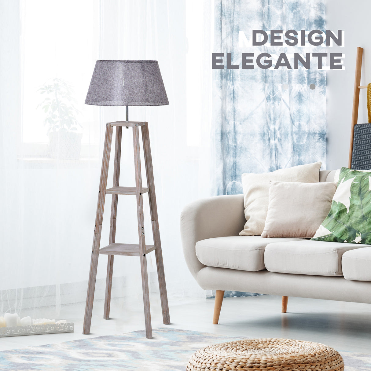 easycomfort easycomfort lampada da terra in legno con 3 ripiani e paralume in tessuto 45x45x148cm grigio