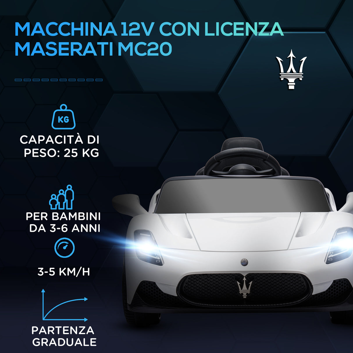 easycomfort easycomfort macchina per bambini 3 6 anni con guida manuale e musica integrata auto maserati mc20 con telecomando e led 3 5 kmh bianco
