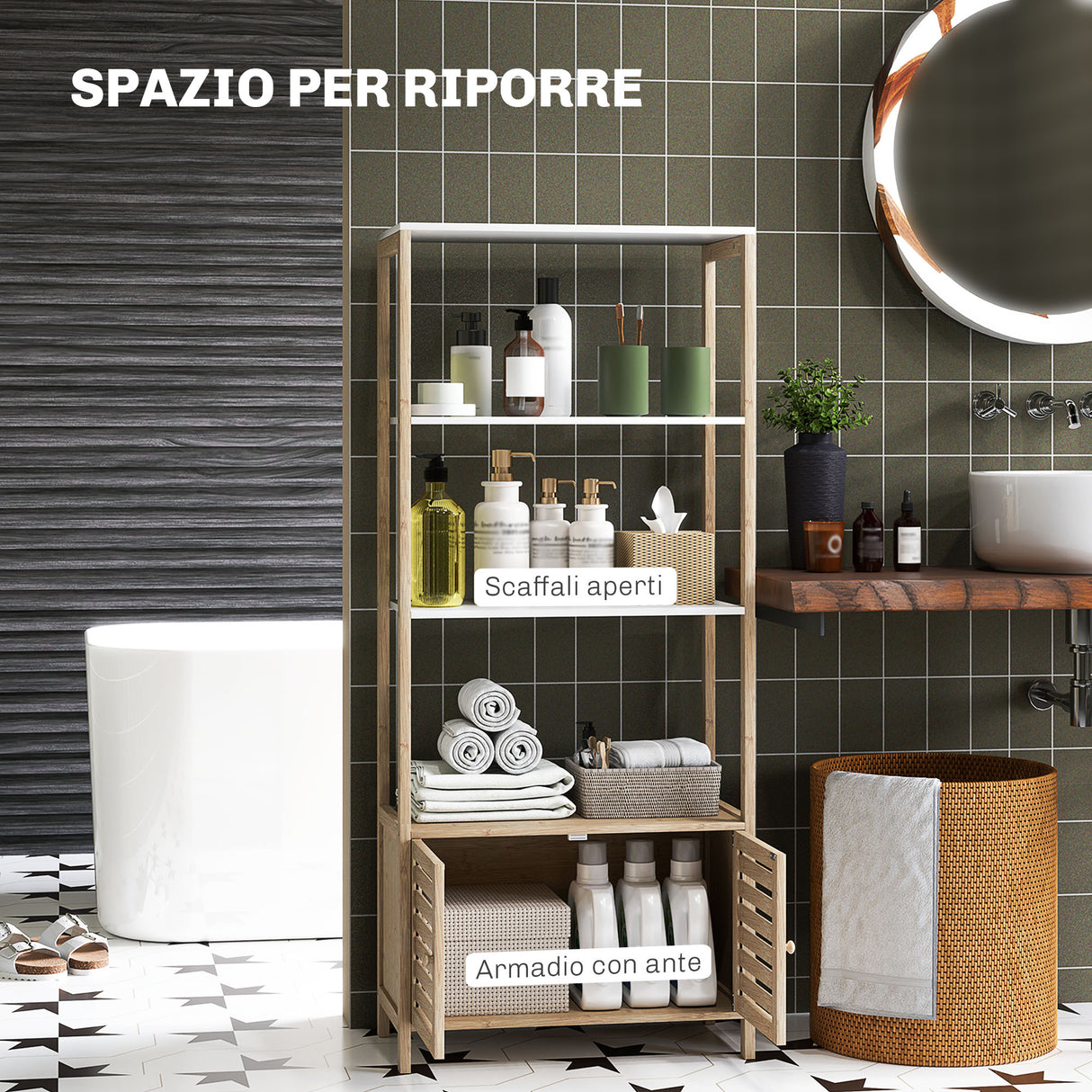 easycomfort easycomfort mobile bagno in bambu con 3 ripiani e armadietto inferiore 63x30x138 cm color legno e bianco