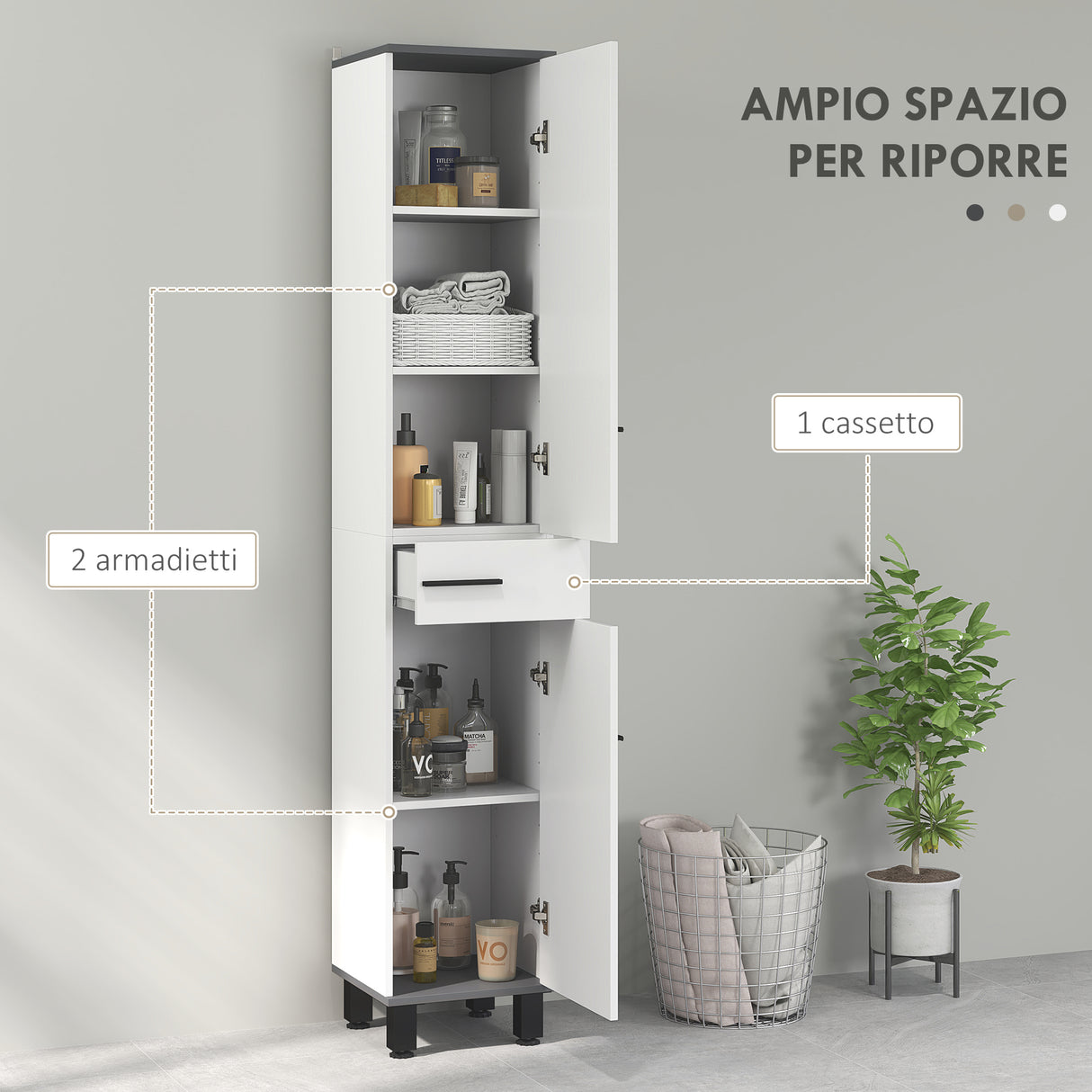 easycomfort easycomfort mobile colonna bagno con 2 armadietti con ripiani regolabili e cassetto 34x32x190 cm bianco