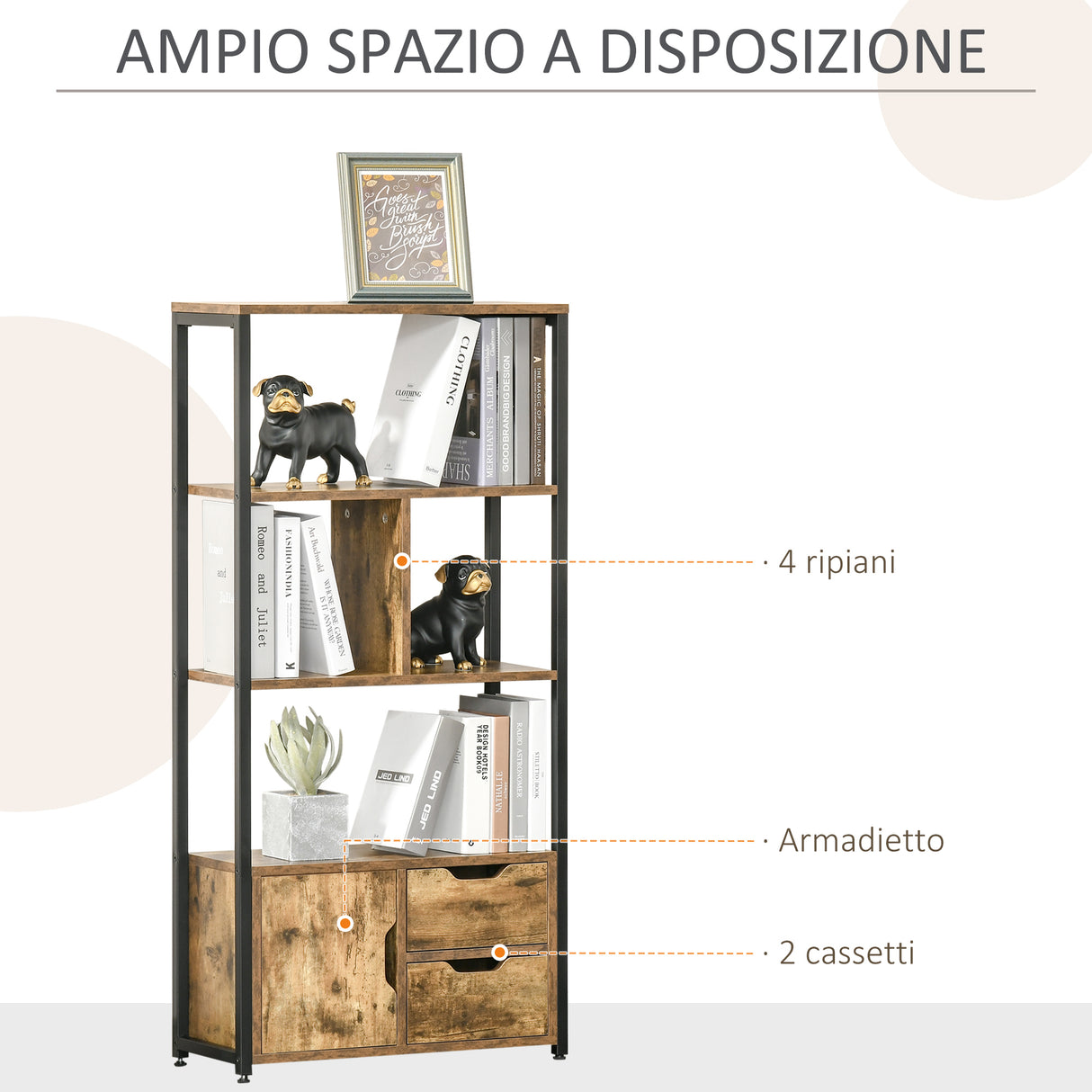 easycomfort easycomfort mobile libreria con 3 ripiani armadietto e 2 cassetti in truciolato e metallo 58x24x122 cm