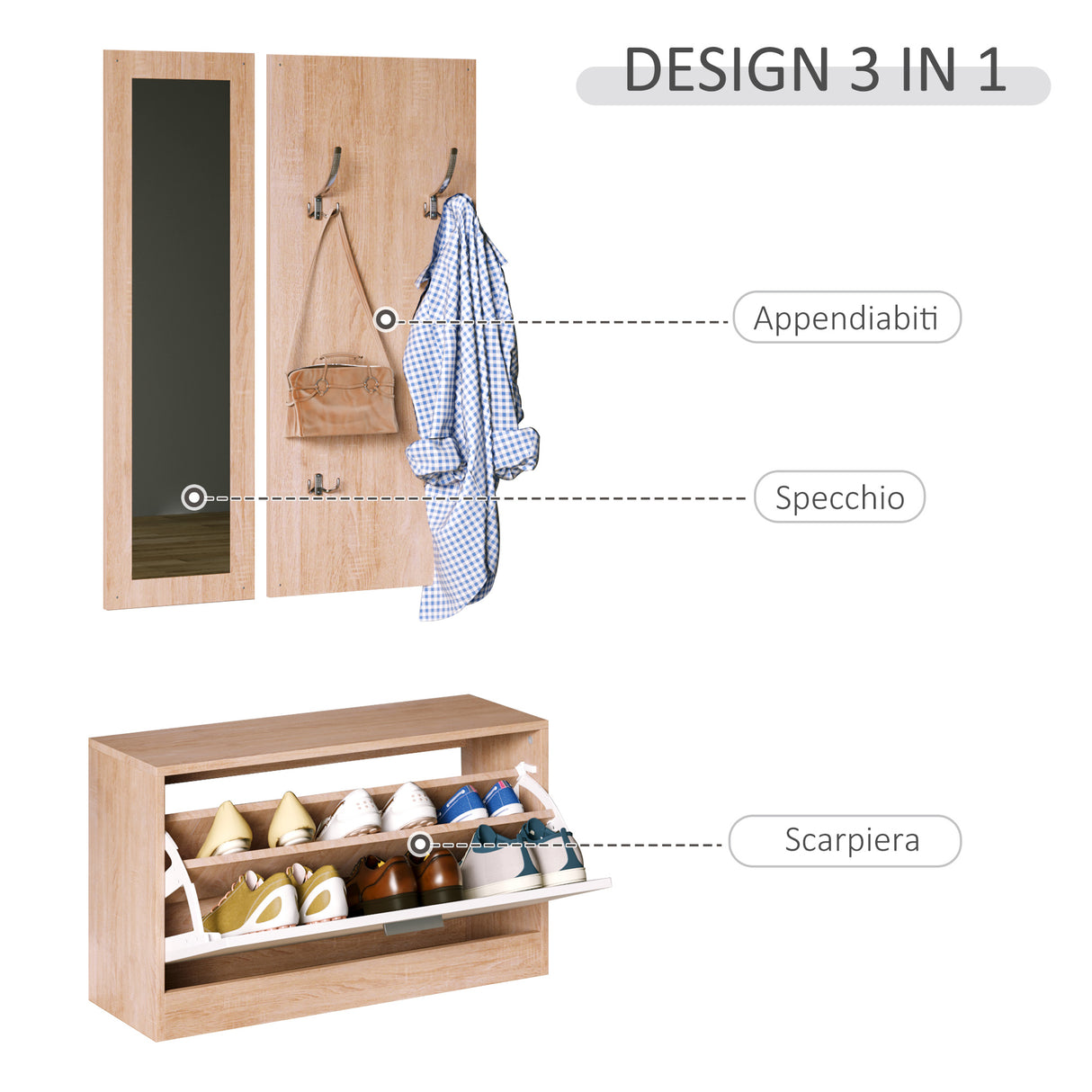 easycomfort easycomfort mobile per ingresso in legno set 3 pezzi con scarpiera appendiabiti e specchio 80x27x46 5cm color legno ean 8054111847452