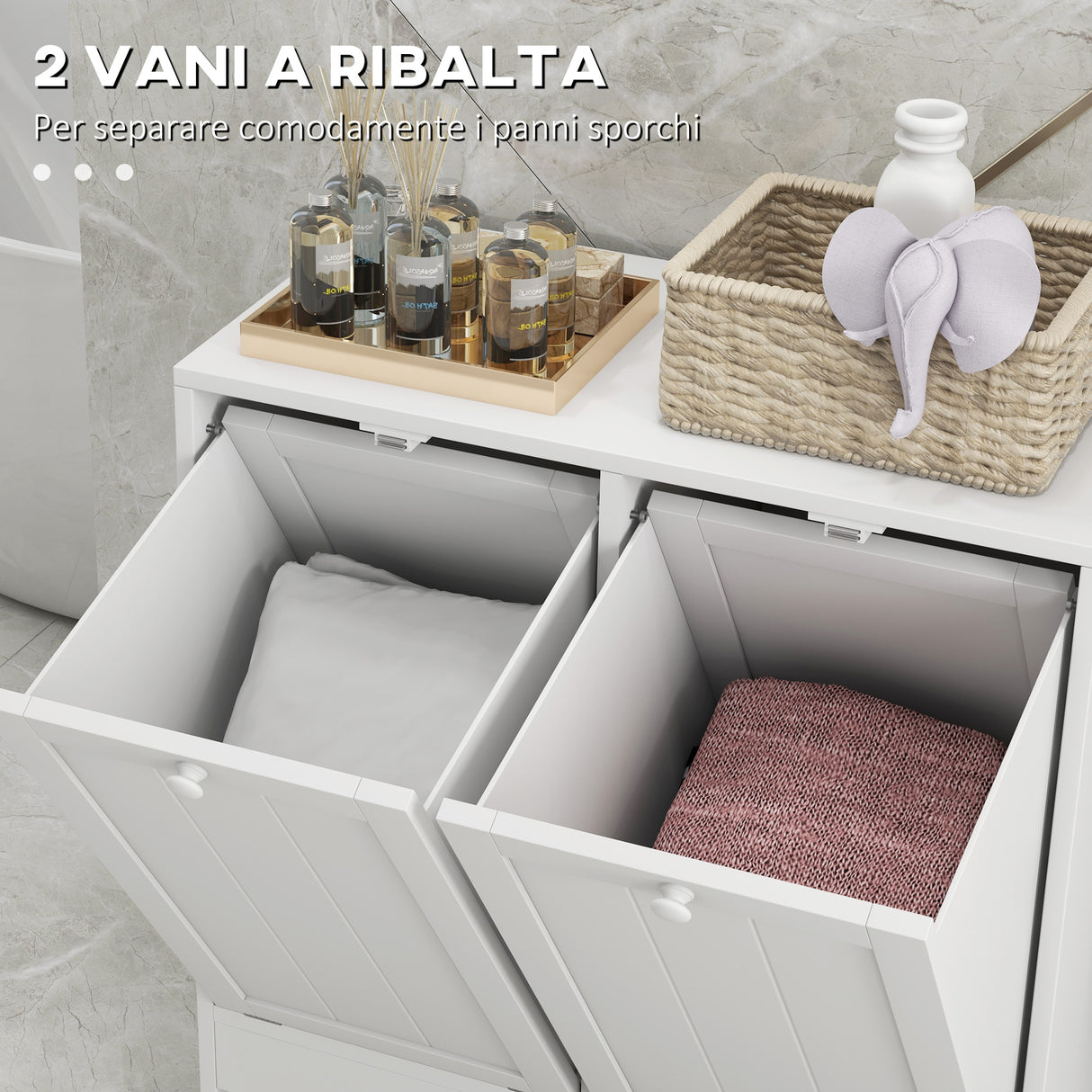 easycomfort easycomfort mobile portabiancheria con 2 scomparti a ribalta in legno 66x33x68cm bianco