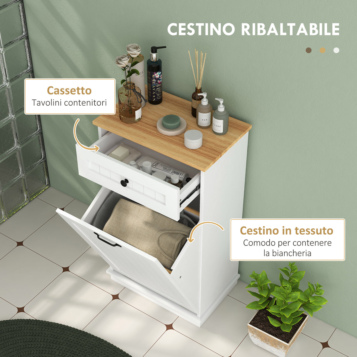 easycomfort easycomfort mobiletto bagno in legno con cesto portabiancheria in tessuto ribaltabile e cassetto bianco