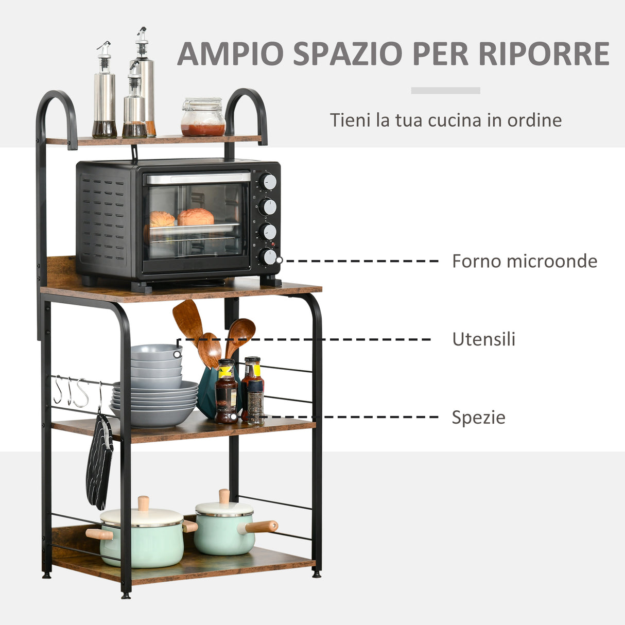 easycomfort easycomfort mobiletto per microonde a 4 ripiani e 4 ganci mobile cucina in acciaio e legno 60x40x125cm marrone rustico