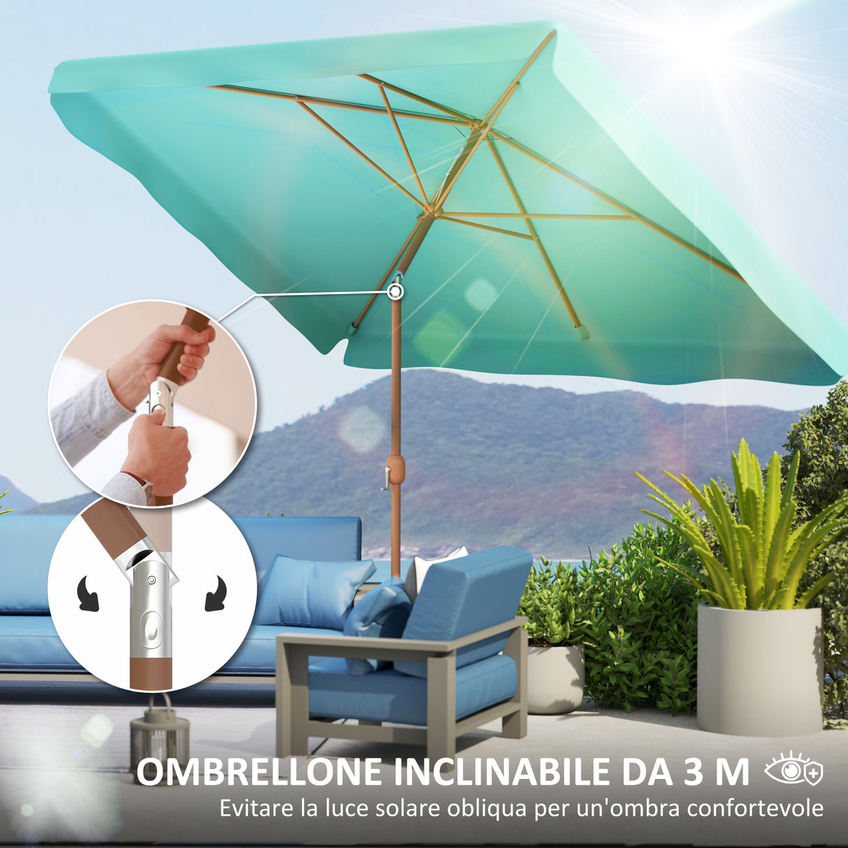 easycomfort easycomfort ombrellone da giardino 2x3 m con apertura a manovella inclinabile e anti uv 50 turchese