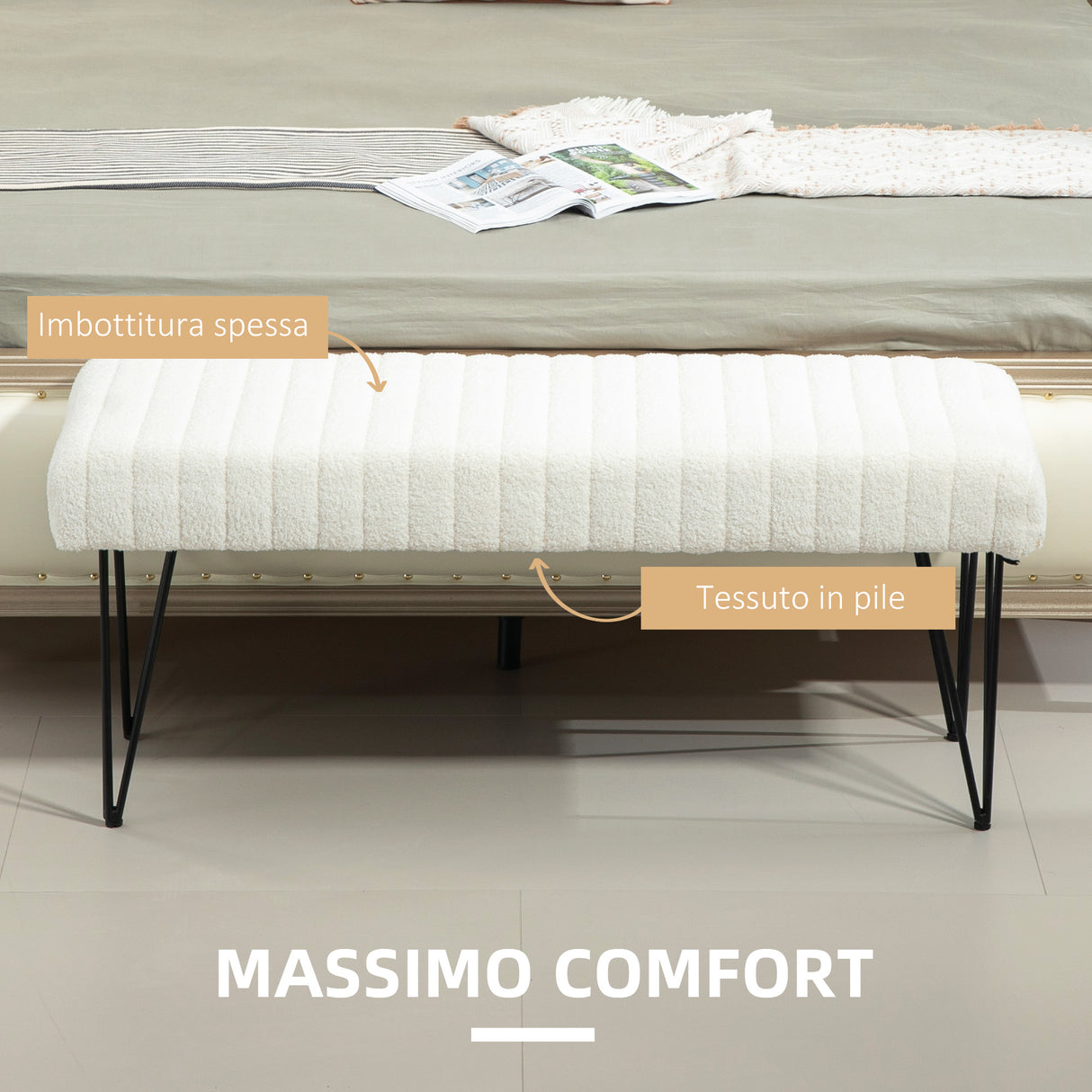 easycomfort easycomfort panca fondoletto moderna con gambe a forcina in tessuto effetto ciniglia legno e metallo 118 5x46x49 5 cm crema